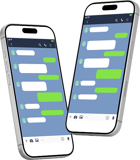 2台のスマートフォンにLINE風のチャット画面が表示され、会話形式で情報がやり取りされているイラスト