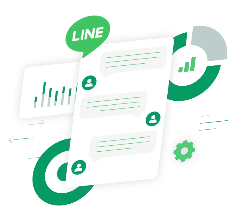 LINE風のチャット画面と棒グラフ・円グラフのアイコンが組み合わさった、LINE活用とデータ分析を示すイラスト
