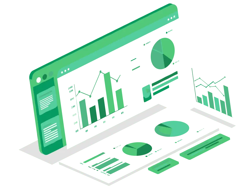 ダッシュボード画面に棒グラフや円グラフが並ぶデザインで、マーケティングデータの可視化を表現した図解イメージ